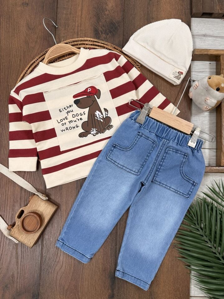 Şeritli Bereli Likralı Sevimli Köpek Baskılı Kot Erkek Bebek Takım