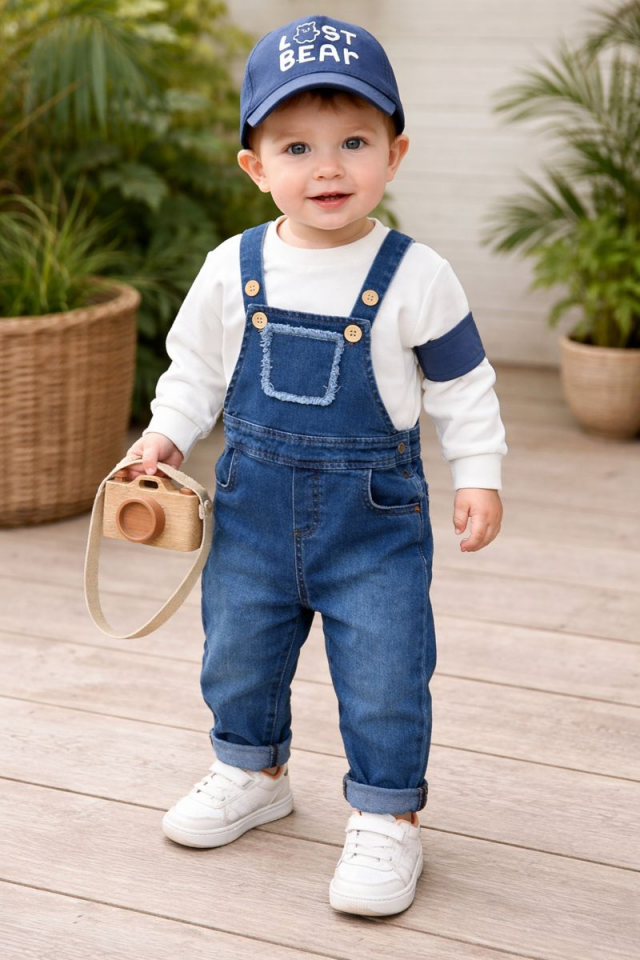 Şapkalı Cep Detaylı SalopetLikralı Kot Salopet Erkek Bebek Takım