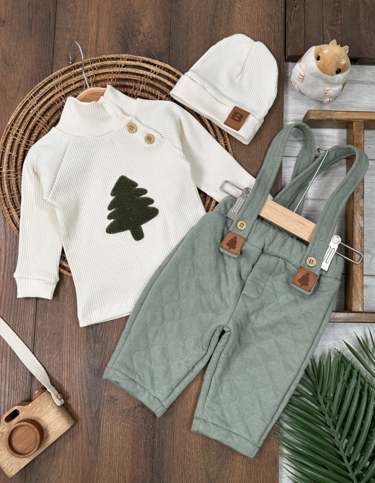 Salopet Çam Nakışlı Kapitone Bereli Balıkçı Yaka Badi Kışlık 3lü Erkek Bebek Takım