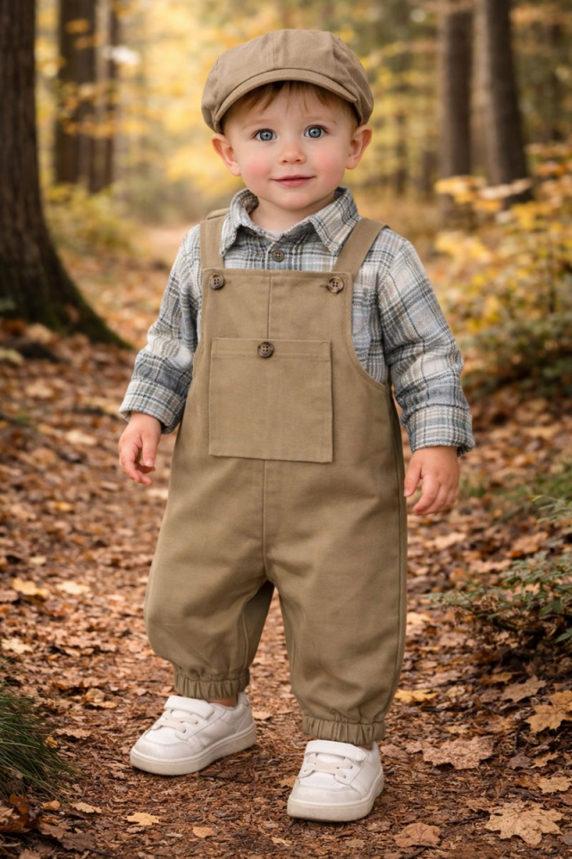 Şapkalı Kanguru Oduncu GömlekCepli Kanvars Salopet Erkek Bebek Takım
