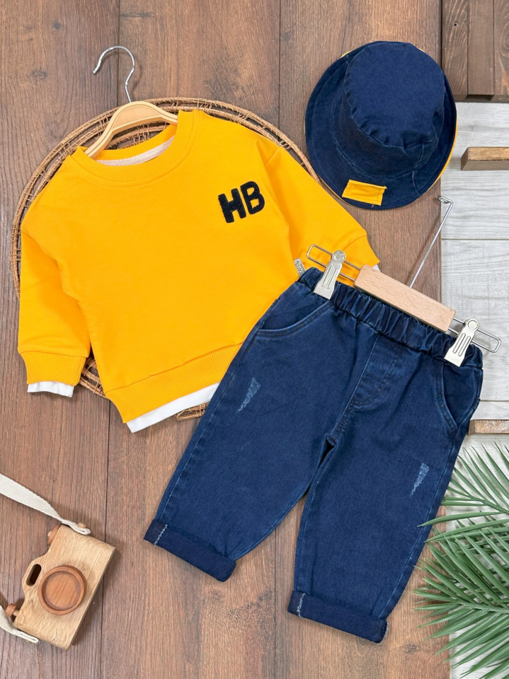 Çift Taraflı Şapka Likralı Kot Pantolon NakışlıSweatshirt 3lü Erkek Bebek/Çocuk Takım