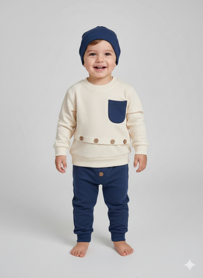 Bereli Cepli Düğme Detaylı Mevsimlik Erkek Bebek Takım