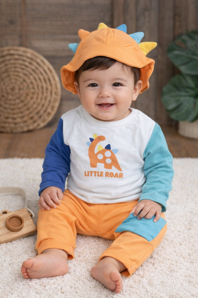 Dinozor Figürlü Renkli Kol Şapka Alttan Çıtçıtlı Mevsimlik Erkek Bebek Takım