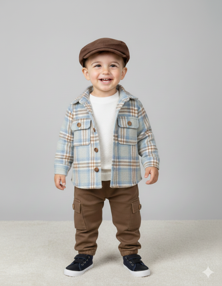 Waffle Badili Kanvars Kargo Pantolonlu Oduncu Gömlek Şapkalı 4lü Erkek Bebek/Çocuk Takım