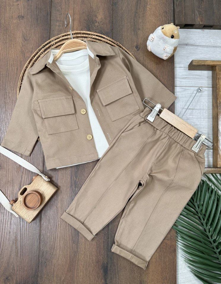 Safari Model Omuzdan Çıtçıtlı Sweatshirt 3lü Keten Likralı  Erkek Bebek ve Çocuk Takım