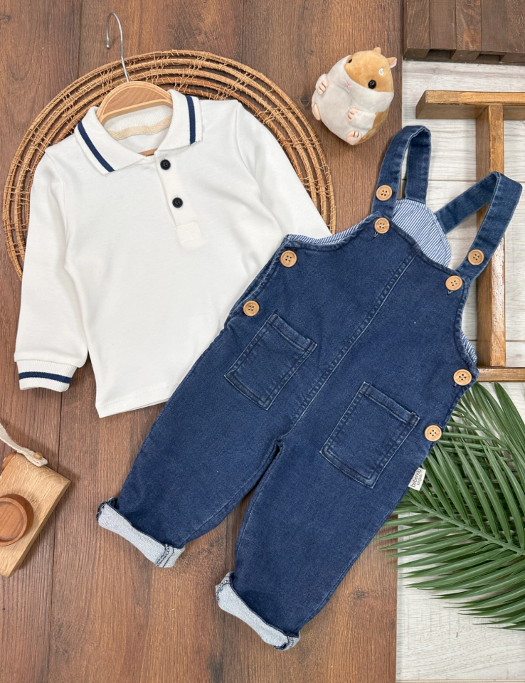 ikralı Kot Polo Yaka Salopet Sweatshirt Düğmeli Salopet Erkek Bebek Takım