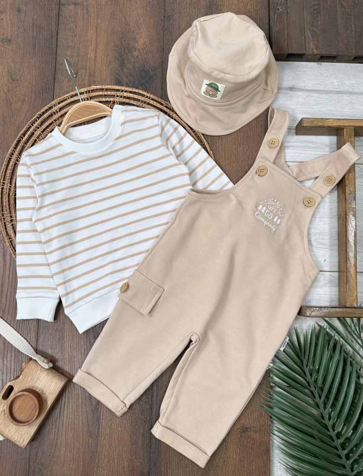 Şapkalı Nakışlı Şeritli Sweatshirt Salopet Erkek Bebek Takım