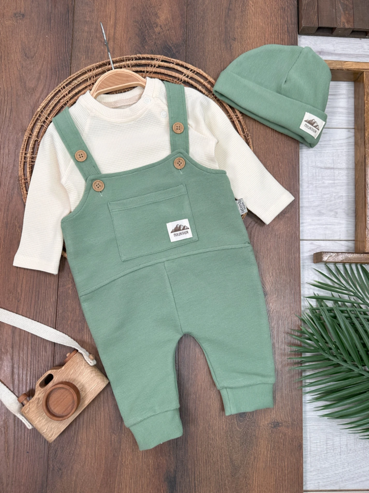 Bereli Waffle Badili %100 Salopet  Pamuk Erkek Bebek Tulum/Takım