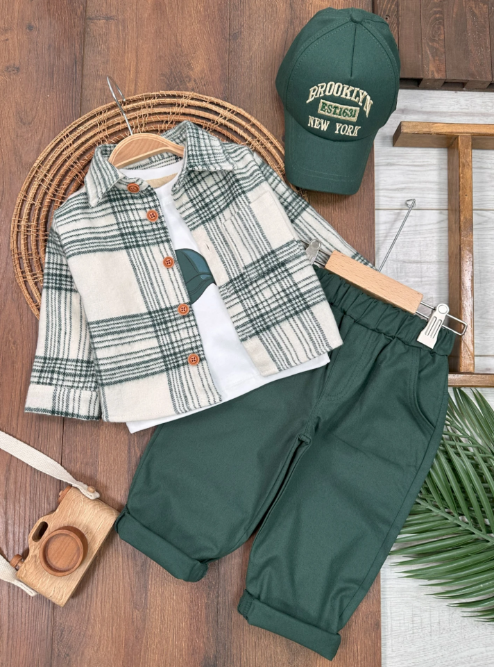 Şapkalı Oversize Hiphop Oduncu Gömlekli  Pantolon Badili 4lü Erkek Çocuk ve Bebek Takım