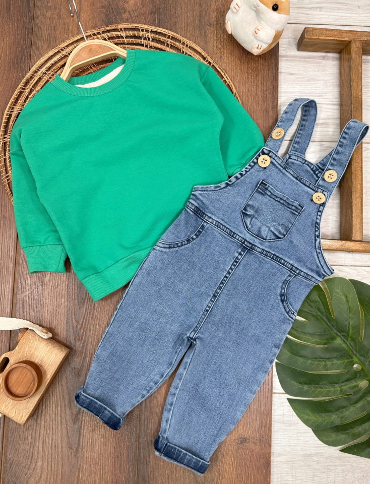 Likralı Kot Sweatshirt Oversize Unisex Salopet Kot Bebek Takım