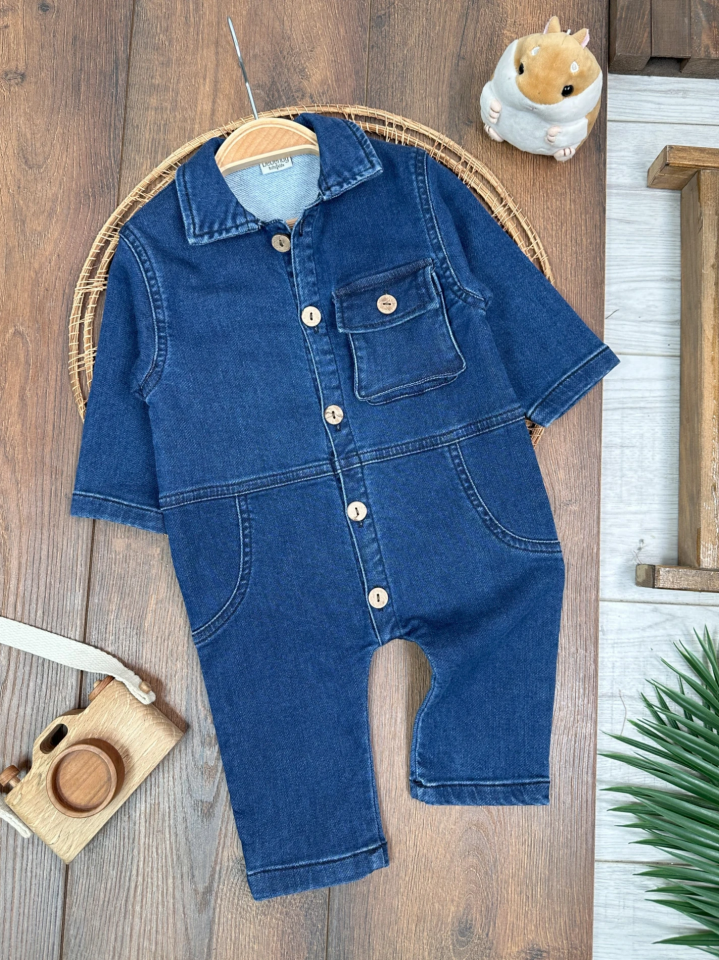 Yumuşak Doku Premium Kalite Önden Düğmeli Esnek Geniş Kalıp Unisex Örme Kot Bebek Tulum