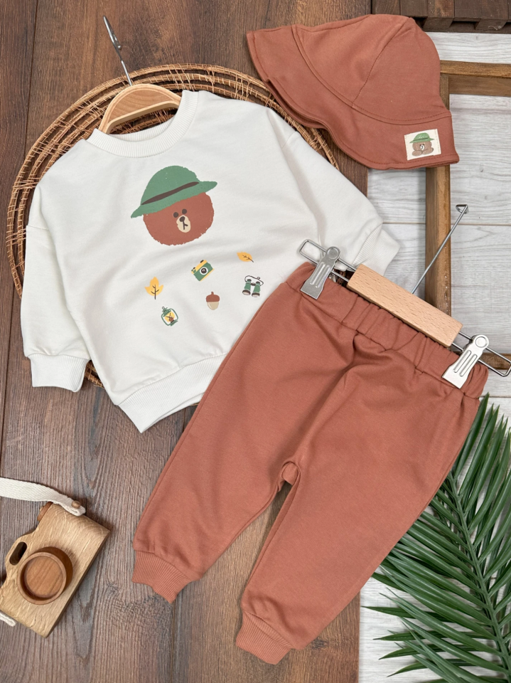 Ayıcık Baskılı Kampçı Safari Şapkalı 3lü Erkek Bebek Takım