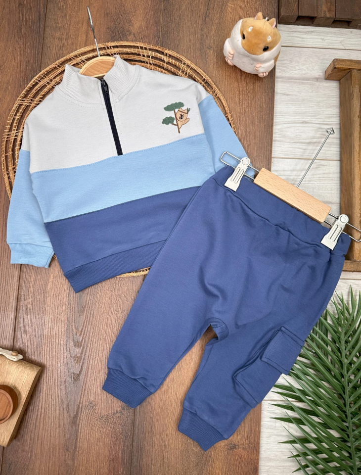 Kampçı Ayıcık Nakışlı Yarım Fermuarlı Bermuda Cepli Mevsimlik 2li Erkek Bebek Takım