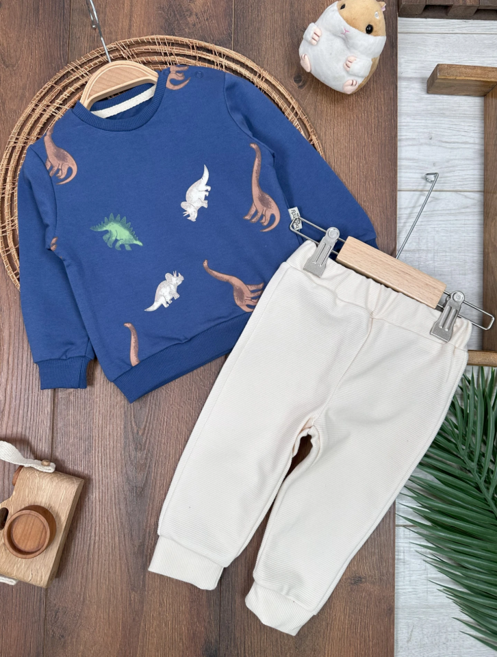 Omuzdan Çıtçıtlı Erkek Dinozor Baskılı Bebek Takım