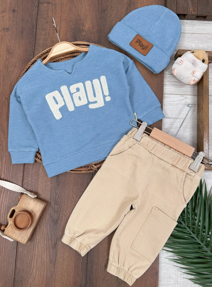 Bereli Likralı Kanvars Play NakışlıPantolon 3lü Erkek Bebek Takım