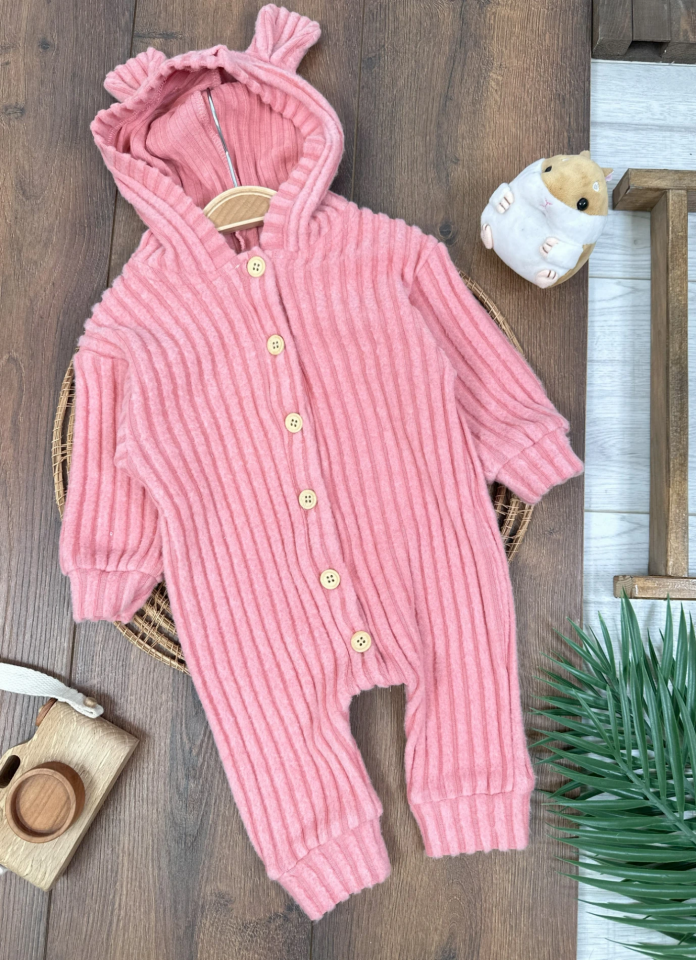 Düğmeli Kapüşonlu Kışlık Kız Bebek Tulum