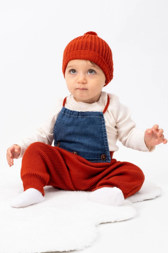 Bere Kaşkorse Badili ve Triko Pantolon Kot Detaylı Salopet Kışlık Kız Bebek-Çocuk Takım