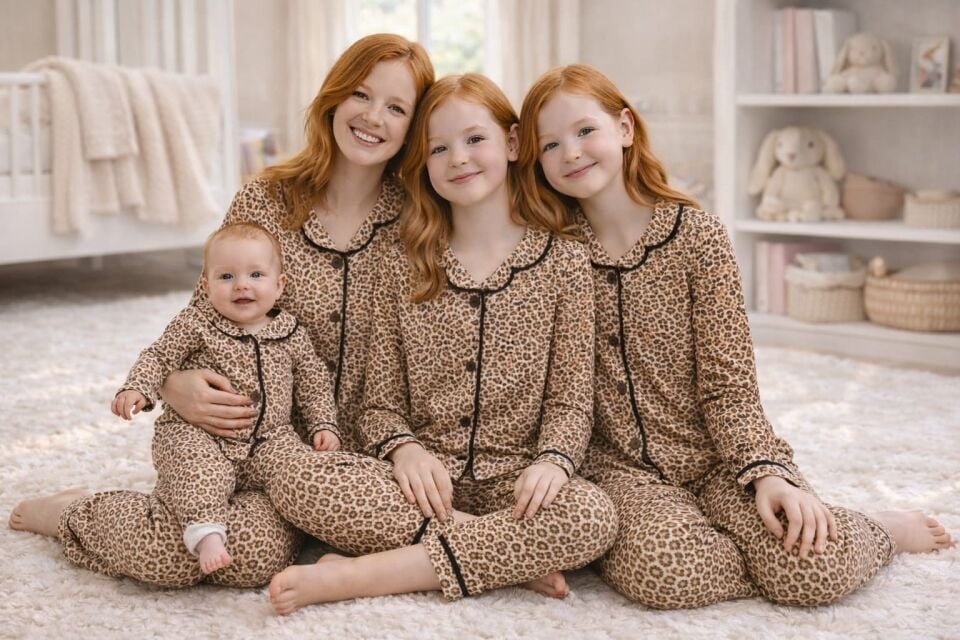 Anne Çocuk Kombin Leopar Desenli Tam Kalıp %100 Pamuk Kuruveze Yakalı Anne Çocuk Pijama Takımı