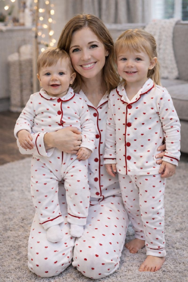 Anne Çocuk Kombin Minik Kalp Baskılı Tam Kalıp %100 Pamuk Kuruveze Yakalı Anne Çocuk Pijama Takımı