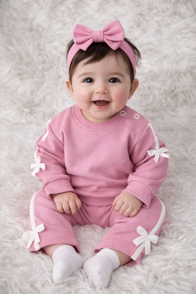 Fiyonk  Şerit Detaylı Omuzdan Çıtçıtlı Kız Bebek 2'li Takım