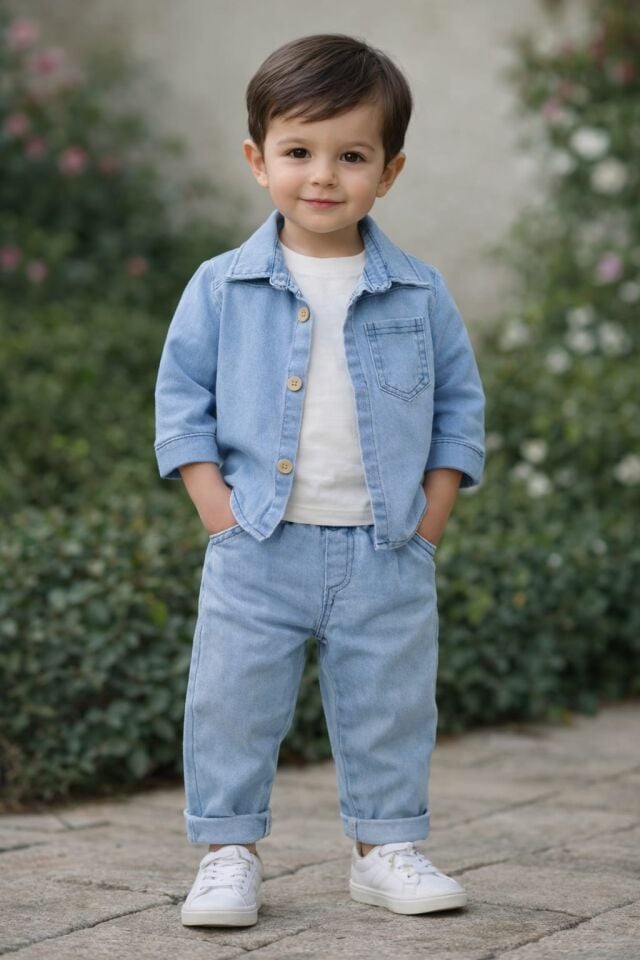 Kısa Kol Badili Likralı Kot Önden Düğmeli  3lü Kot Erkek Bebek/Çocuk Takım