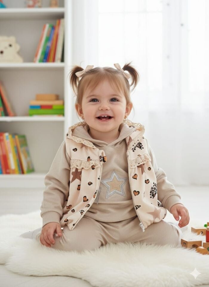 Şişme Yelekli Kadife Fisko Detaylı 3'lü Kız Bebek Takım