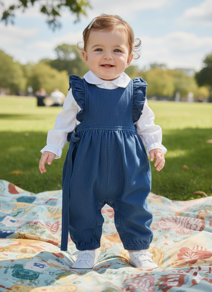 Müslin Gömlekli (Ayrı) Düğme Detaylı Kız Bebek Kot Tulum