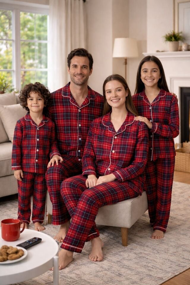 Anne Baba Çocuk Kombin Tam Kalıp %100 Pamuk Kuruveze Yakalı Anne Baba Çocuk Pijama Takımı