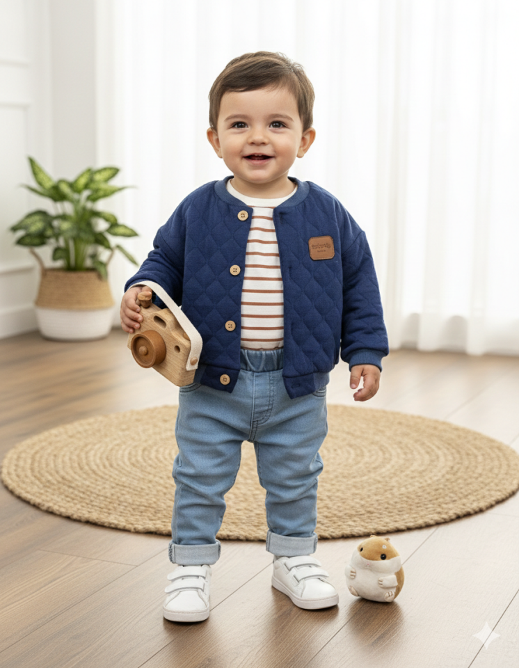 Şeritli Badi Likralı Kot Pantolon Kapitone Mevsimlik Mont 3lü Erkek Bebek Çocuk Takım